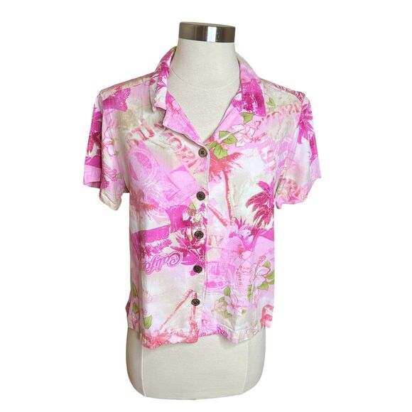 Caribbean‎ Joe Shirt Womens Medium Petite Pink Floral California Button Up - Picture 1 of 9